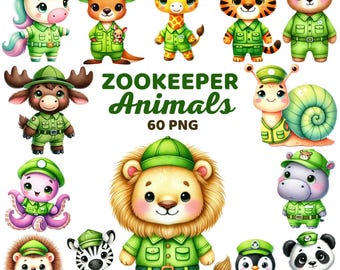 Zookeeper Animals Clipart, Watercolor Cute Jungle Safari Zoo Animal, Animal Keeper, Kids Zoo Party Birthday Explorer Nursery Decor Png