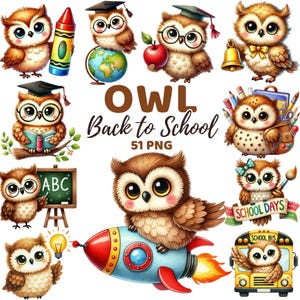 Owl Back to School Clipart, Watercolor Cute Teacher Student Classroom Decor, Kids First Day School Education Learning Png