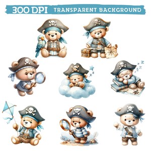 May include: Set of nine watercolor illustrations of cute teddy bears dressed as pirates. The bears are wearing blue and white striped shirts, black pirate hats with skull and crossbones, and brown belts. The bears are in various poses, including holding a magnifying glass, sleeping on a treasure map, and flying a kite.