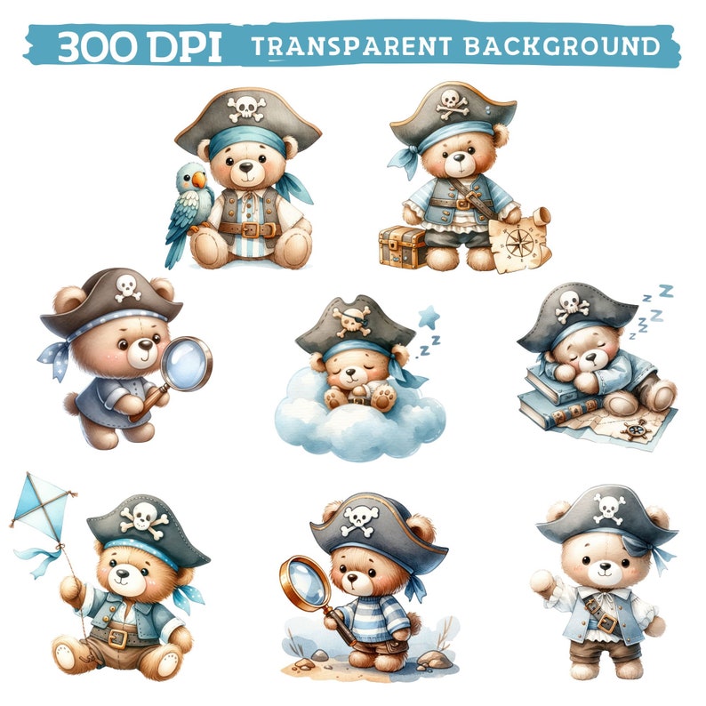 May include: Set of nine watercolor illustrations of cute teddy bears dressed as pirates. The bears are wearing blue and white striped shirts, black pirate hats with skull and crossbones, and brown belts. The bears are in various poses, including holding a magnifying glass, sleeping on a treasure map, and flying a kite.