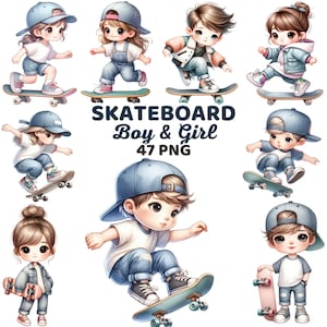 Skateboard jongen en meisje clipart, aquarel skateboarden kinderkamer, jeugd extreme sporten, coole schattige kinderschaatsers verjaardagsbundel png