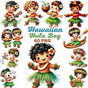 Cute Hawaiian Hula Boy Clipart, Watercolor Tropical Beach Summer, Luau Party, Hula Dance Boy, Hawaii Characters, Tribal Boys Bundle Png