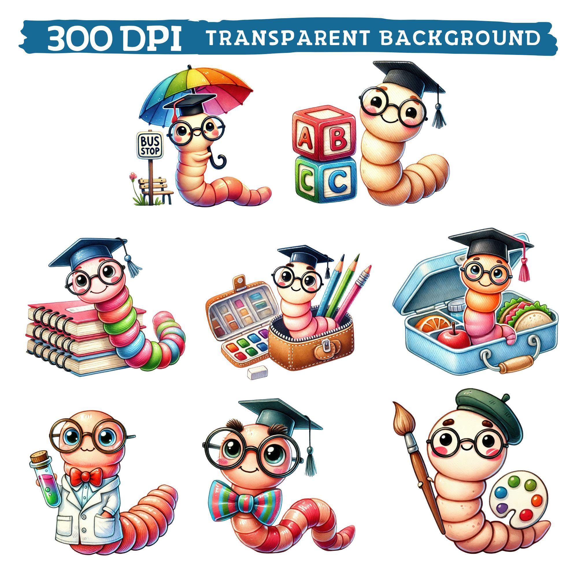 Schoolworm Back to School Worm Clipart, Watercolor Cute Classroom Nursery Decor ...