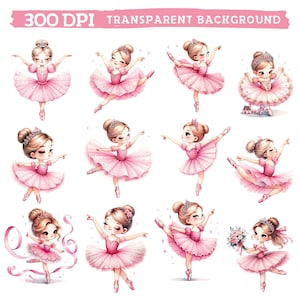 Op de afbeelding: Een set van tien digitale illustraties van ballerina's in roze tutu's en tiara's. De ballerina's staan in verschillende poses, waaronder een ballerina die een boeket bloemen vasthoudt.