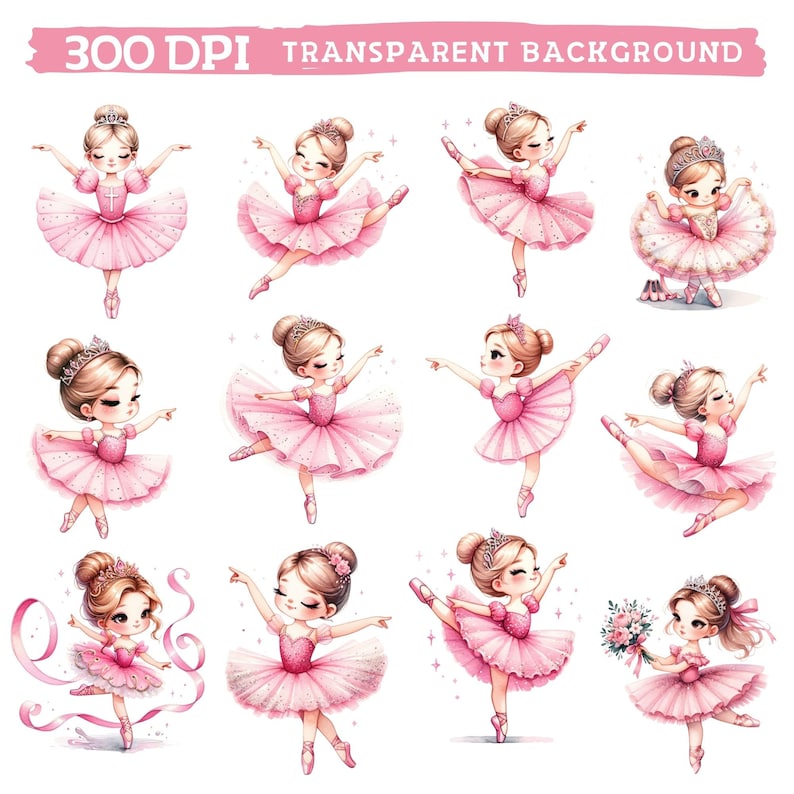 Op de afbeelding: Een set van tien digitale illustraties van ballerina's in roze tutu's en tiara's. De ballerina's staan in verschillende poses, waaronder een ballerina die een boeket bloemen vasthoudt.