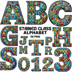 Stained Glass Alphabet Clipart, Colorful Vintage Letters & Numbers, colorful, Mosaic Alphabets Png