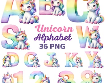 Unicorn Alphabet, Watercolor Pastel Rainbow Unicorn Number Nursery, Cute Unicorn Letters Invitation Clipart, ABC A-Z Alphabet Birthday Png