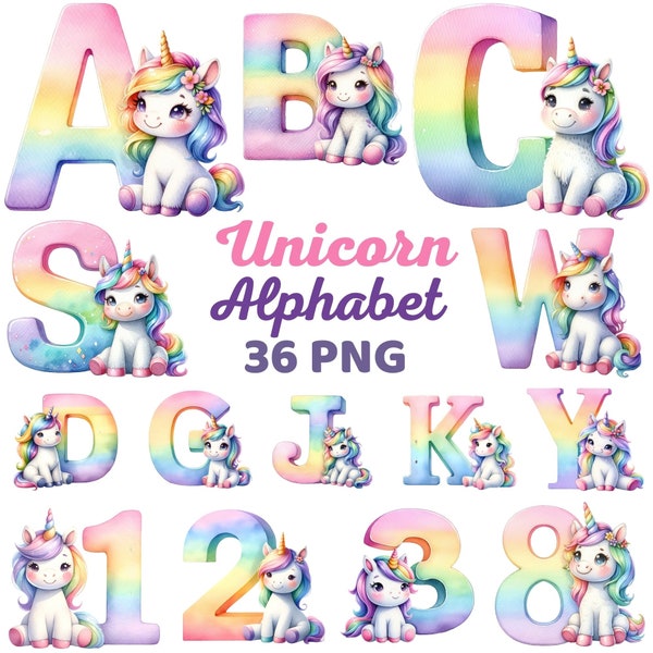 Unicorn Alphabet, Watercolor Pastel Rainbow Unicorn Number Nursery, Cute Unicorn Letters Invitation Clipart, ABC A-Z Alphabet Birthday Png