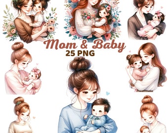 Imágenes prediseñadas de mamá y bebé, guardería familiar con acuarela, moño desordenado con flores para mamá, maternidad, mamá, hija, hijo, Día de la Madre