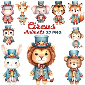 Adorable Circus Animal Clipart, Watercolor Cute Circus Animal Nursery Decor, Carnival Bear Elephant Circus Ringmaster Kids Bundle Set Png