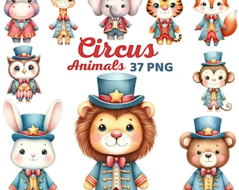 Adorable Circus Animal Clipart, Watercolor Cute Circus Animal Nursery Decor, Carnival Bear Elephant Circus Ringmaster Kids Bundle Set Png