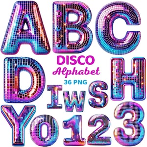 Alfabeto disco retro, letras y números con bolas de espejos brillantes, letras divertidas de fiesta de los años 80 y 70 en formato PNG