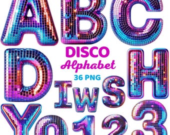 Retro Disco Alphabet Clipart, Shiny Mirror Ball Letters & Numbers, Colorful 80s 70s Party Funky Lettering Png