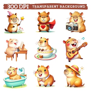 May include: Nine illustrations of cute cartoon capybaras in various poses. The capybaras are depicted in a variety of activities, including playing music, taking photos, and relaxing in a bathtub.