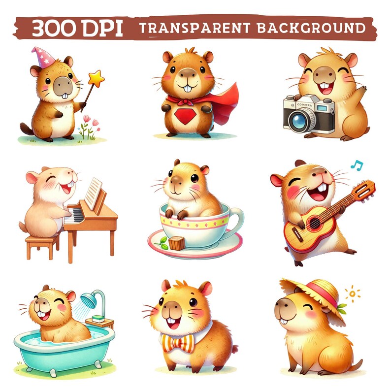May include: Nine illustrations of cute cartoon capybaras in various poses. The capybaras are depicted in a variety of activities, including playing music, taking photos, and relaxing in a bathtub.