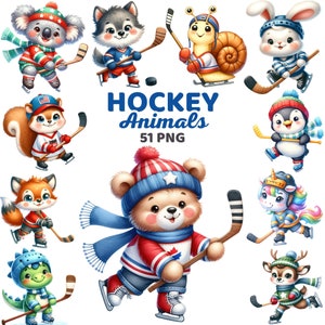 Imágenes prediseñadas de animales de hockey, vivero de deportes de invierno de dibujos animados lindo acuarela, hockey sobre hielo atlético bosque animales niños oso paquete de cumpleaños png
