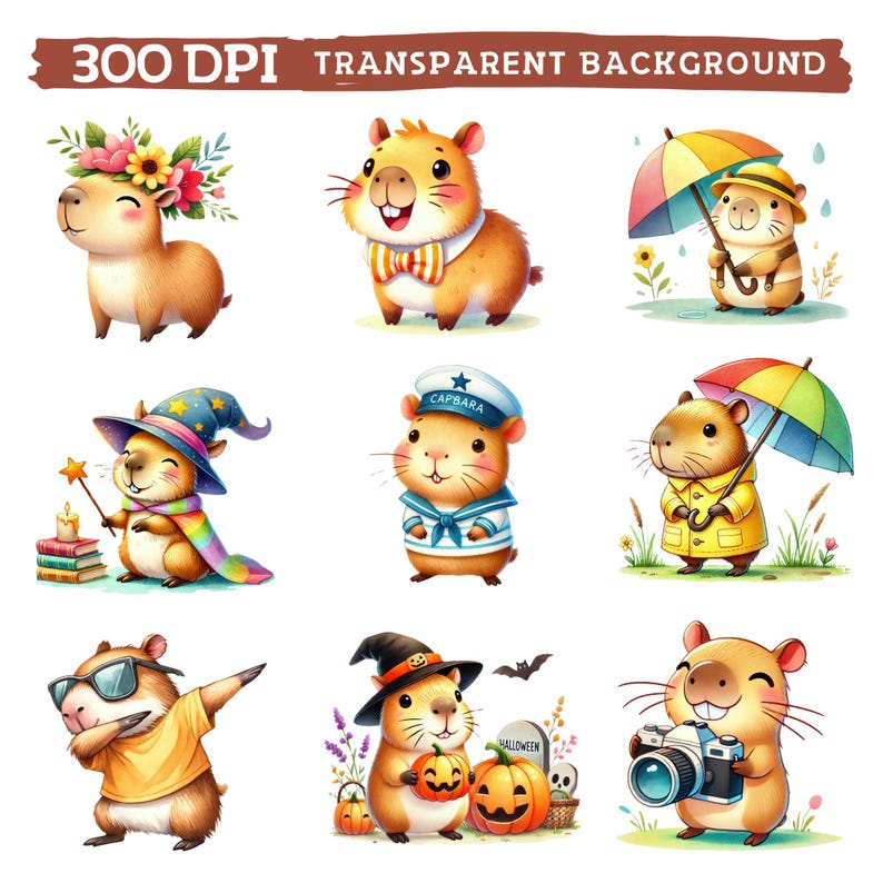 May include: A set of nine digital illustrations featuring cute capybaras in various costumes and situations. The capybaras are wearing a flower crown, a bow tie, a witch hat, a sailor hat, a raincoat, sunglasses, a witch hat, and holding a camera. The illustrations are perfect for use in digital scrapbooking, card making, and other creative projects.