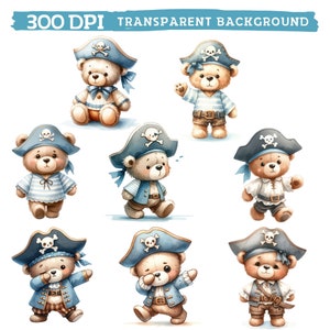 May include: Eight watercolor illustrations of teddy bears dressed as pirates. Each bear is wearing a blue and white striped shirt, a brown belt, and a blue pirate hat with a skull and crossbones. The bears are in various poses, including standing, walking, and looking to the side.