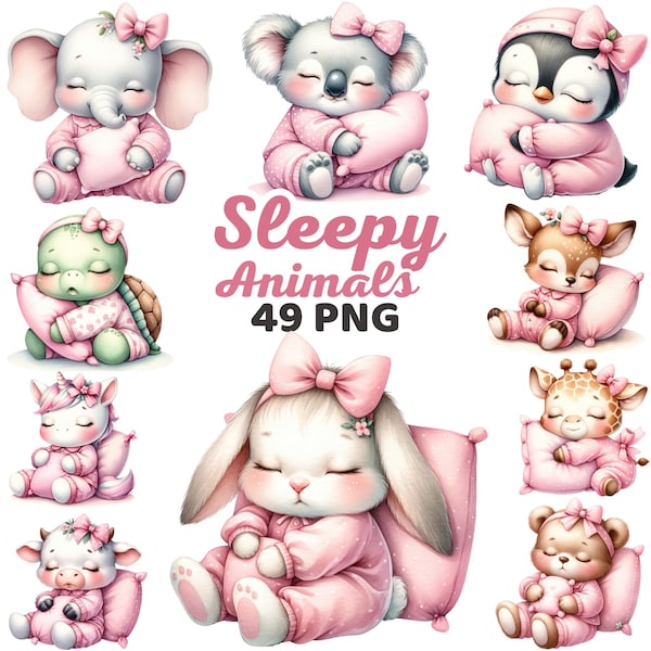 Watercolor Cute Pink Sleepy Animals Clipart, Pajamas Sleeping Baby Animal with Pillow Nursery, Elephant Safari Jungle Girl Baby Shower Png