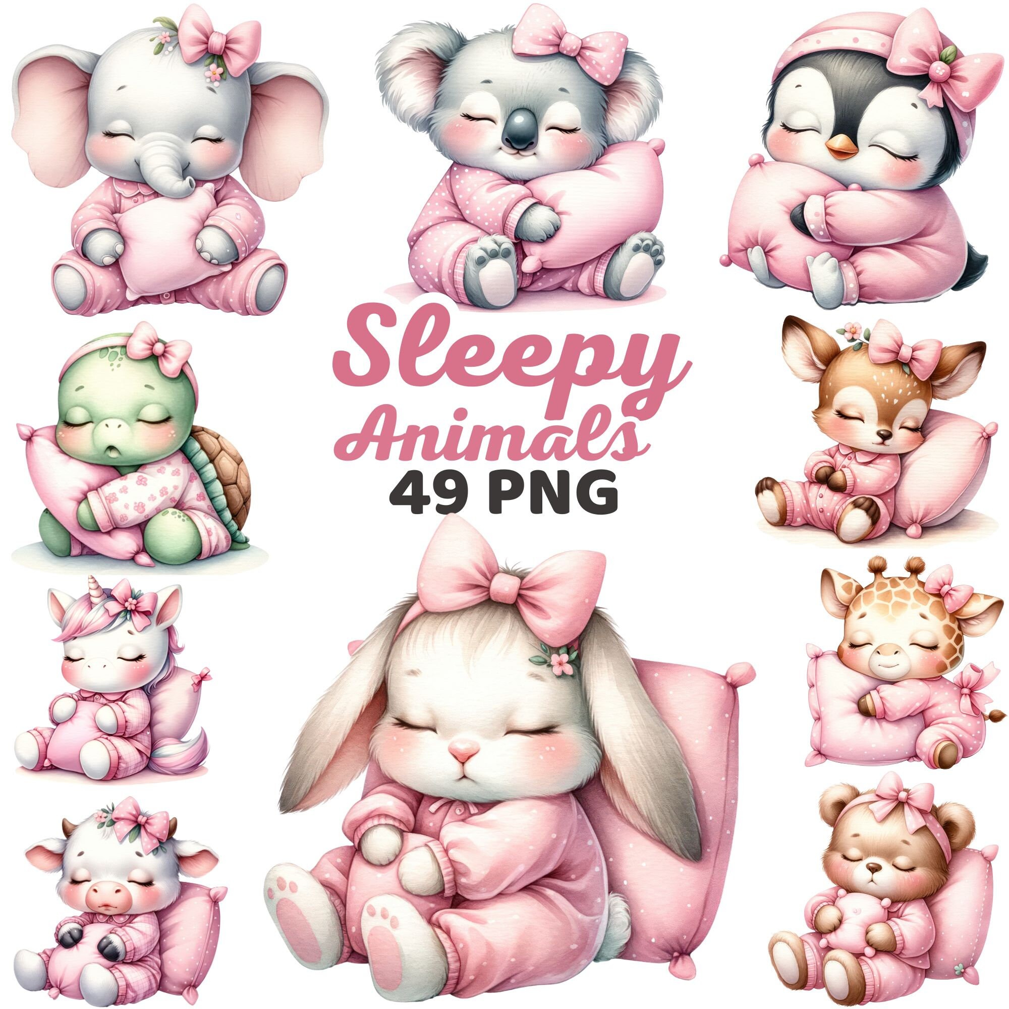 Watercolor Cute Pink Sleepy Animals Clipart, Pajamas Sleeping Baby Animal with Pillow Nursery, Elephant Safari Jungle Girl Baby Shower Png