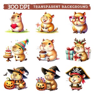May include: Nine illustrations of cute capybaras in various costumes and settings. The capybaras are wearing a birthday hat, a witch's hat, a pirate hat, reindeer antlers, glasses, and holding a heart, a coffee cup, a pumpkin, a bag of candy, and a present.