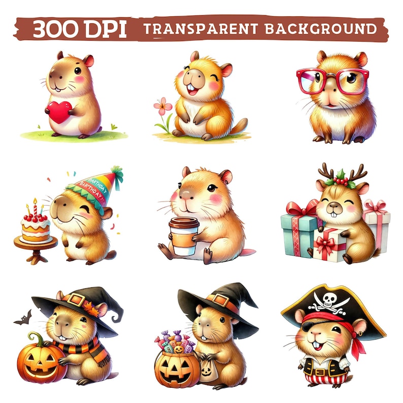 May include: Nine illustrations of cute capybaras in various costumes and settings. The capybaras are wearing a birthday hat, a witch's hat, a pirate hat, reindeer antlers, glasses, and holding a heart, a coffee cup, a pumpkin, a bag of candy, and a present.