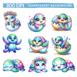 May include: Nine illustrations of cute cartoon baby sea turtles with rainbow shells. Some turtles are in eggshells, some are wearing flower crowns, and some are swimming.