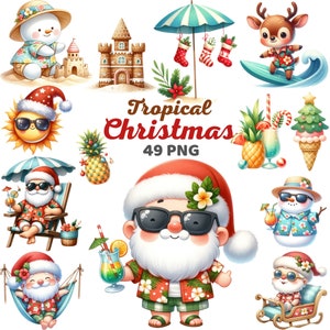 Tropisches Weihnachtscliparts, Aquarell niedlicher Feiertags-festlicher Sommer-Kinderzimmer, Juli-Strand-Weihnachtsmann mit Sonnenbrille im Hawaii-Hemd Png