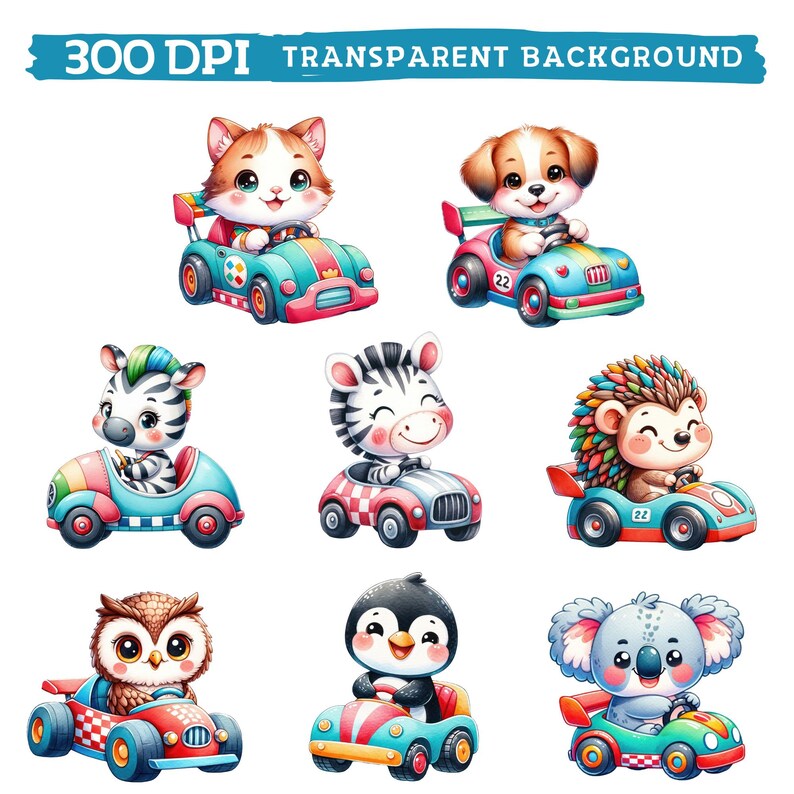 Cute Racer Animals Clipart, Watercolor Speedy Animal Playful Nursery ...