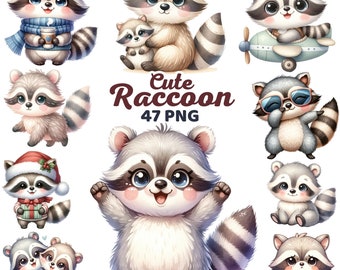 Watercolor Raccoon Clipart, Cute Raccoon Nursery Decor, Woodland Animal, Adorable Raccoon Birthday Baby Shower Bundle Png