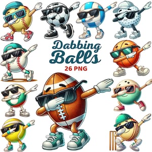 Clipart med dabbing-sportbollar, akvarell clipart med dabbing-bollar, barnrumsdekor, roligt sportfesttema, födelsedagsbarn png