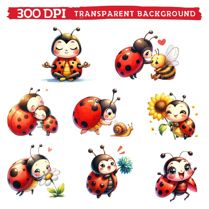 Watercolor Cute Ladybug Clipart, Spring Summer Bug Nursery Sublimation, Kawaii Ladybugs Lover Birthday Baby Shower Bundle Png image 4