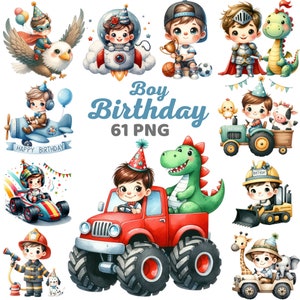 Clipart de aniversário de meninos, aquarela fofa e divertida festa infantil personagens festivos, dinossauro, caminhão, super-herói, pacote de tema de aniversário de menino png