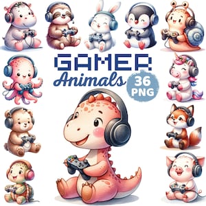 May include: A set of 36 digital illustrations of cute animals playing video games. The animals are drawn in a cartoon style and are wearing headphones and holding controllers. The illustrations are perfect for use in a variety of projects, such as websites, social media, and printed materials.