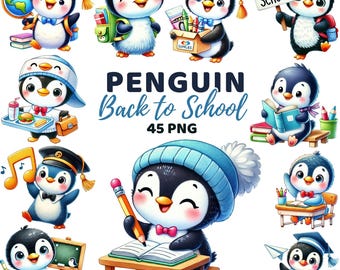 Pinguin Zurück zu Schule Clipart, Aquarell Süßer Lehrer Schüler Tier Klassenzimmer Dekor, Kinder Erste des Tages Schulbildung Lernen Png