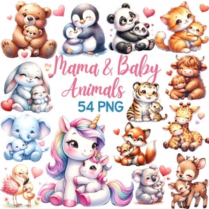 Acuarela linda mamá y bebé animales clipart, vivero de animales del bosque, oso conejito gatito mamá hija hijo día de la madre baby shower png