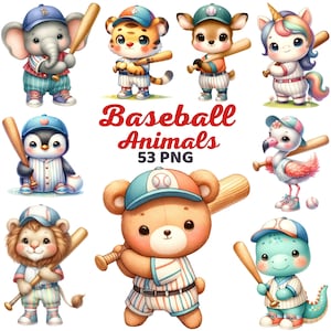 Imágenes prediseñadas de animales de béisbol, vivero deportivo de dibujos animados lindo acuarela, animales del bosque atlético niños oso cumpleaños bebé ducha paquete Png