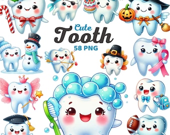 Cute Tooth Clipart, Watercolor Teeth Nursery, Dental and Hygiene, Dentist Seasonal Festive Themes, Tooth Cartoon, Kids Oral Care Png