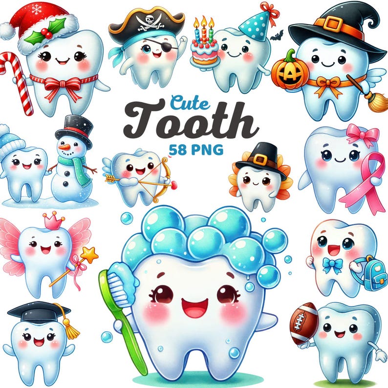 Cute Tooth Clipart, Watercolor Teeth Nursery, Dental and Hygiene ...