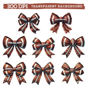 May include: Eight brown and white football-themed bows with a stitched design. The bows are tied with a ribbon and have a 3D effect.
