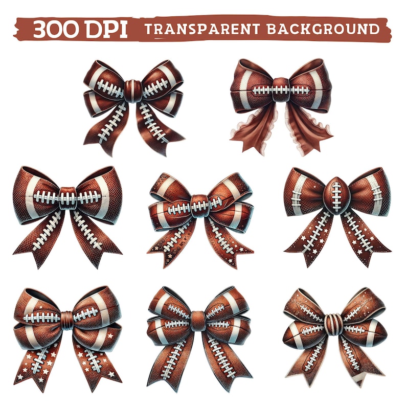 May include: Eight brown and white football-themed bows with a stitched design. The bows are tied with a ribbon and have a 3D effect.