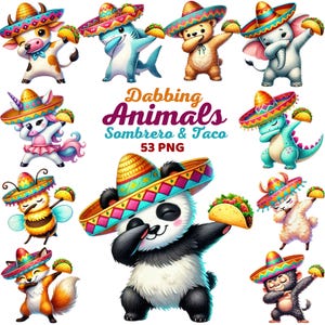 Puede incluir: Un conjunto de 10 ilustraciones digitales de animales con sombreros y tacos. Los animales incluyen una vaca, un tiburón, un oso, un elefante, un unicornio, un dinosaurio, una abeja, un zorro, un panda y un mono. Las ilustraciones son de estilo de dibujos animados y son perfectas para usar en proyectos digitales.