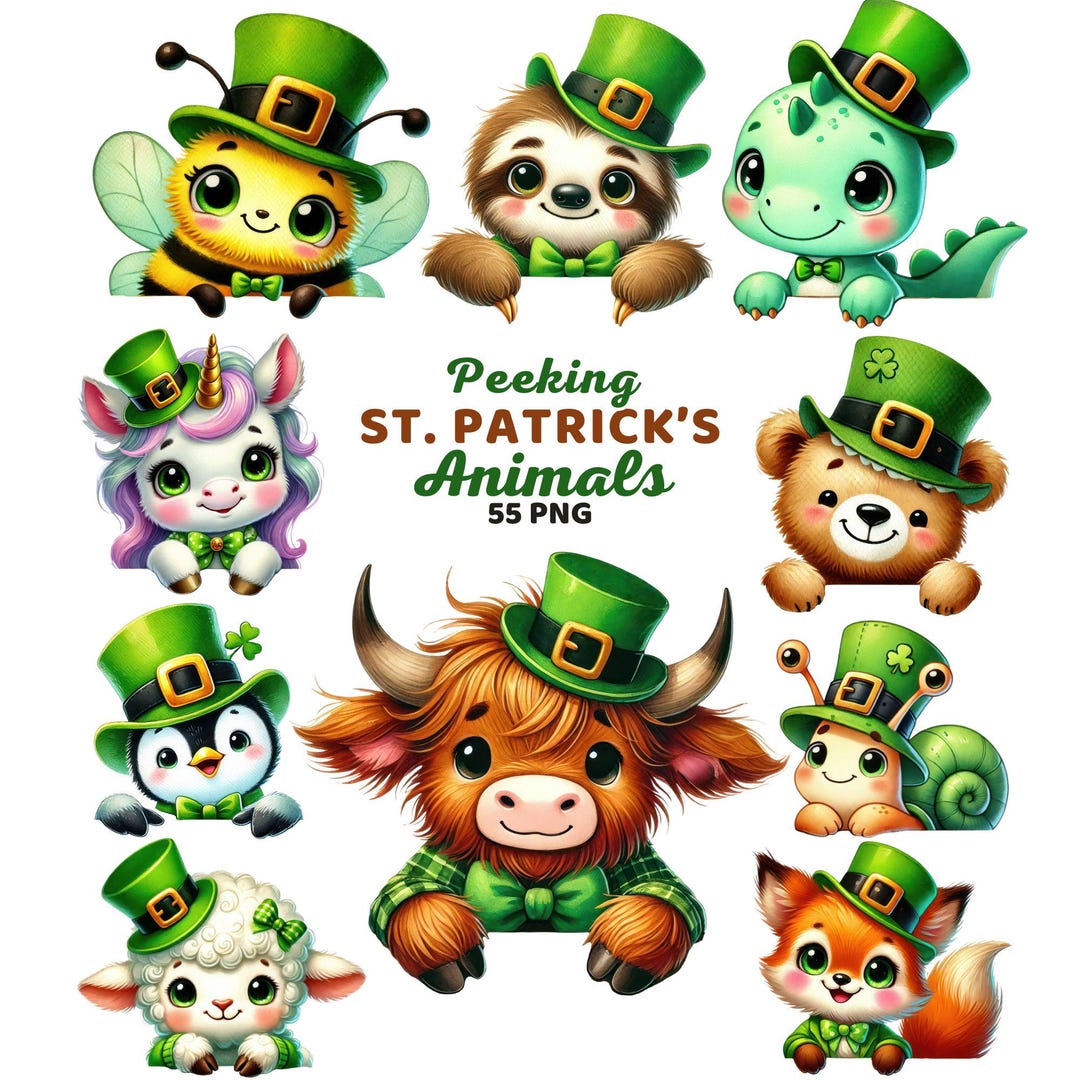 Peeking St Patrick Animals Clipart, Watercolor Cute Shamrock Leprechaun ...
