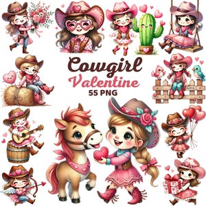 Cute Cowgirl Valentine Clipart, Watercplor Western Valentine Nursery, Rodeo Love Sublimation, Menina Crianças Fazenda País Dia dos Namorados Png