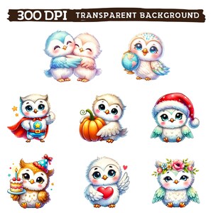 May include: A collection of nine cartoon owl illustrations. The owls are depicted in various poses, including hugging, holding a globe, wearing a superhero cape, holding a pumpkin, wearing a Santa hat, holding a birthday cake, holding a heart, and wearing a floral crown. The text "300 DPI TRANSPARENT BACKGROUND" is at the top.