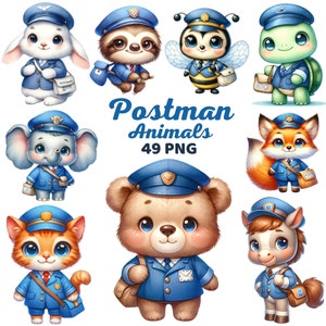 Cartero animales clipart, acuarela lindo trabajador postal ocupación vivero, transportistas de correo de animales, bosque selva animal niños cumpleaños png