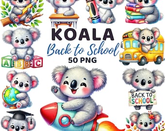 Clipart de koala de regreso a clases, lindo animal escolar de acuarela, decoración para el aula de maestros, estudiantes y niños, animales educativos y aprendizaje PNG