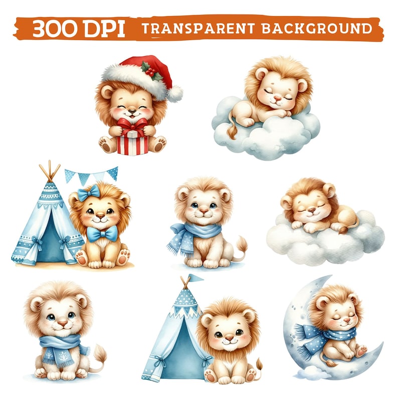 May include: Set of eight digital illustrations featuring cute cartoon lions in various poses. The lions are wearing blue scarves and are depicted with a tent, a cloud, a moon, and a gift box.