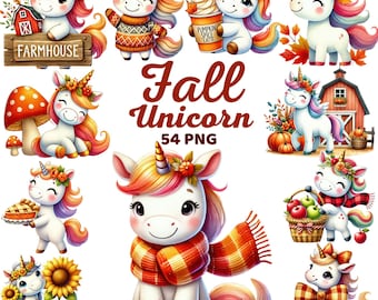 Niedliches Herbst Einhorn Clipart, Aquarell Süßes Herbst Ernte Einhorn, Gemütliches Bauernhaus Dekor, Herbstlaub, Pumpkin Spice Latte Einhorn Png