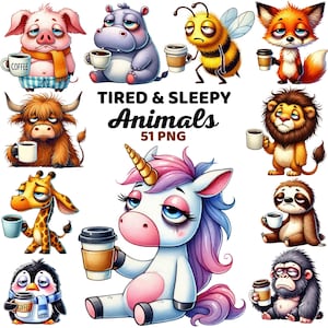 Può includere: Un set di 10 illustrazioni di animali dei cartoni animati con espressioni stanche, ognuno tiene una tazza di caffè. Gli animali includono un maiale, un ippopotamo, un'ape, una volpe, un toro, un unicorno, una giraffa, un bradipo, un leone e un gorilla. Il titolo "TIRED & SLEEPY ANIMALS 51 PNG" è scritto in testo nero su sfondo bianco.